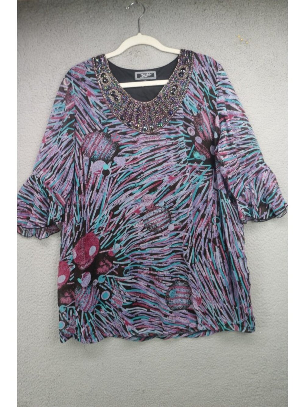 Zashi Sheer Chiffon 3/4 Bell Sleeve Tunic-Lined-Size XL-Beaded-Art to Wear-BOHO